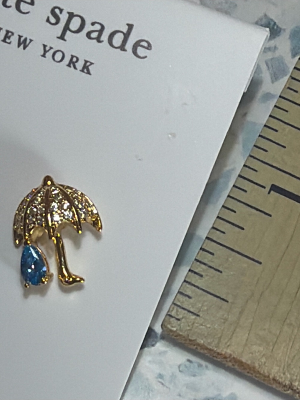 Kate Spade New York Umbrella Stud Earrings Gold Tone Blue Crystal #72 - Picture 3 of 4